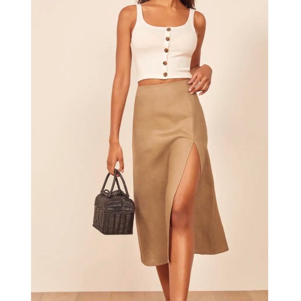 Reformation Laurie Linen Midi Skirt Tan Size 12